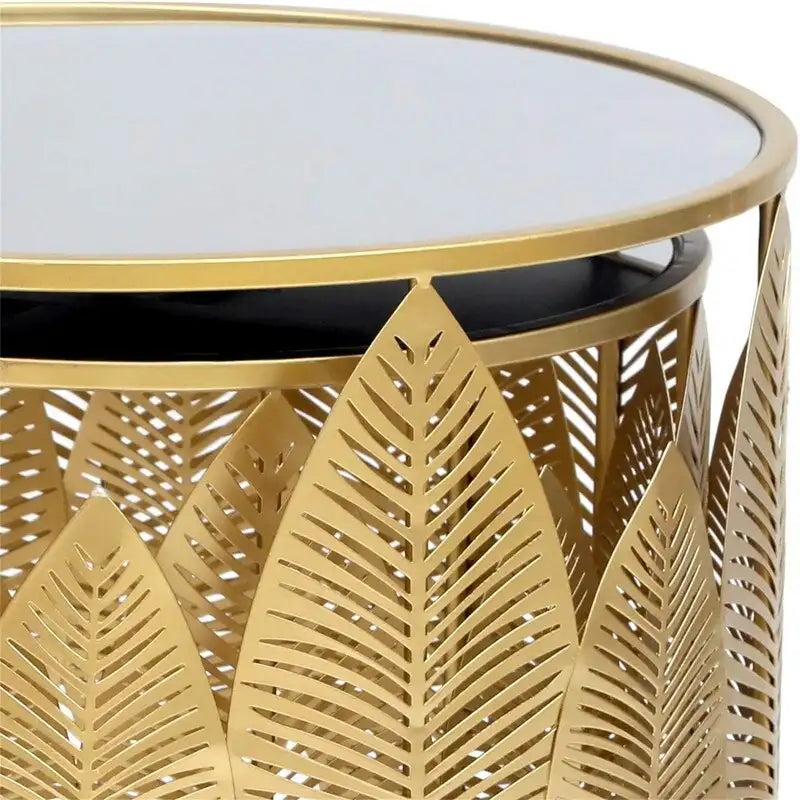 Set di 2 Tavolini Nido Rotondi Oro – Piano in Metallo, Decorazione a Foglia