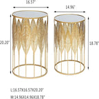 Set di 2 Tavolini Nido Rotondi Oro – Piano in Metallo, Decorazione a Foglia