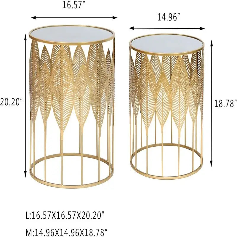 Set di 2 Tavolini Nido Rotondi Oro – Piano in Metallo, Decorazione a Foglia