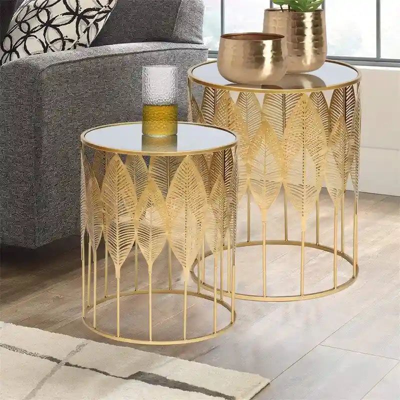 Set di 2 Tavolini Nido Rotondi Oro – Piano in Metallo, Decorazione a Foglia