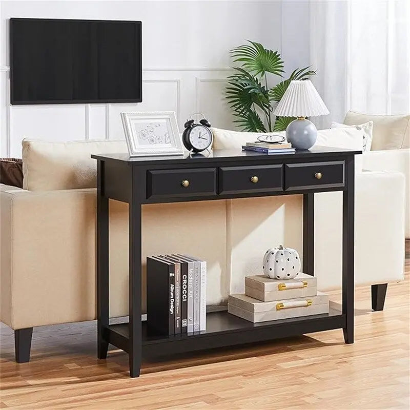 Console Nera a 3 Cassetti, Piano in MDF, Montaggio per 1 Persona